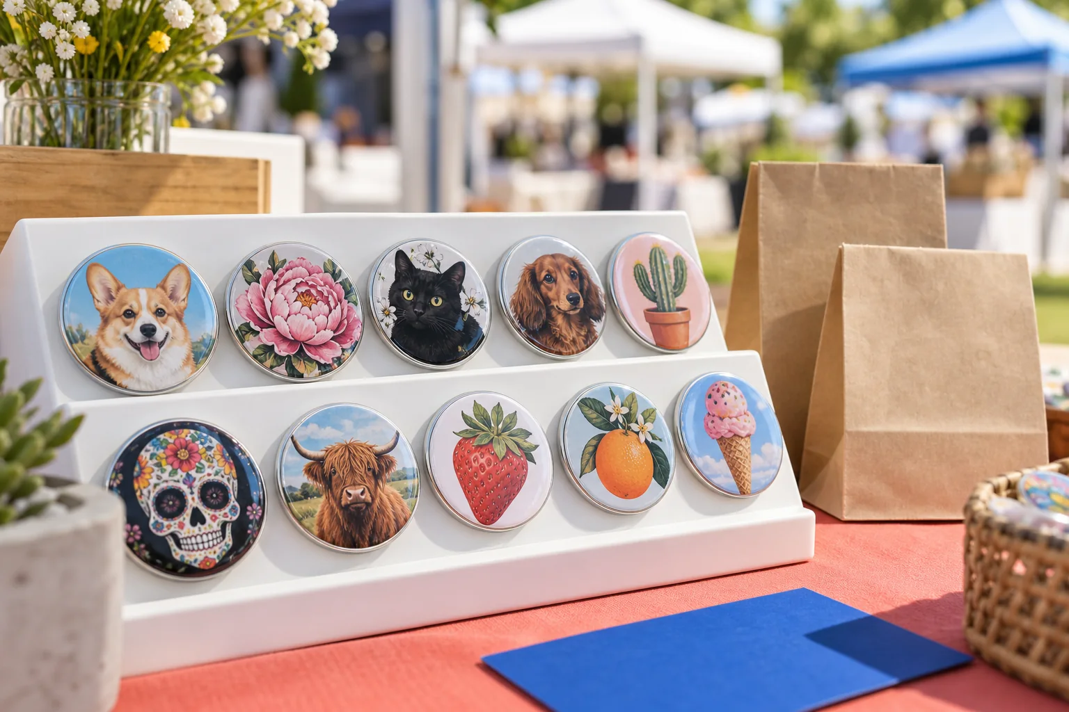 A market tray of ten illustrated buttons beside blank kraft pickup bags