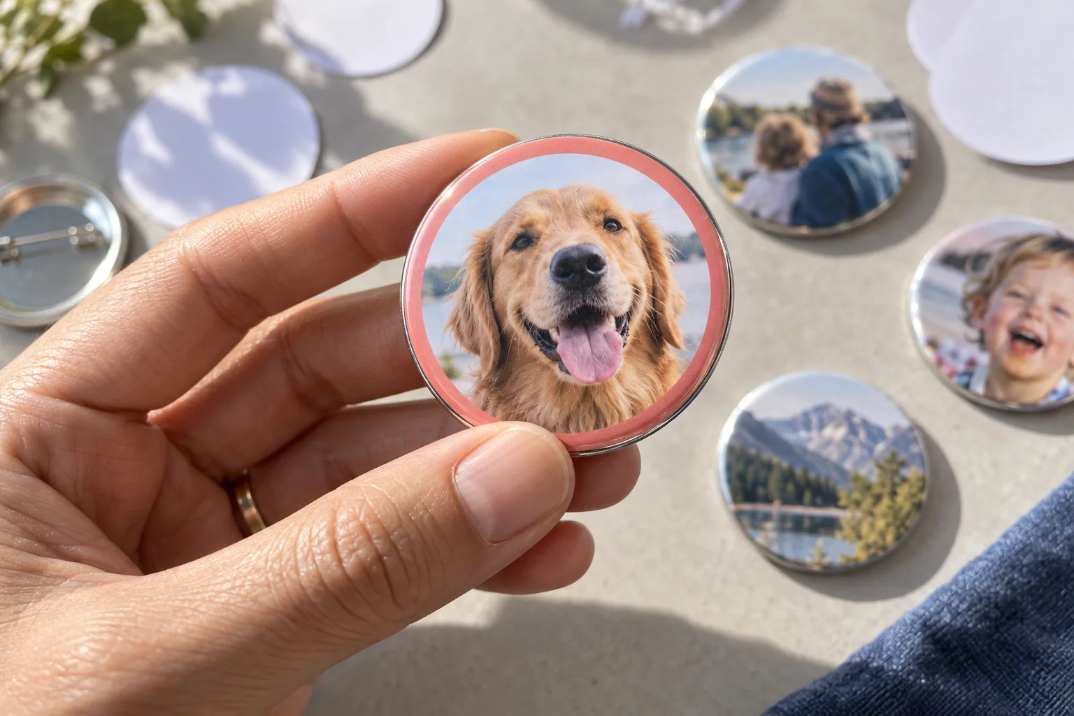 A hand holding a glossy golden retriever portrait button with a coral border