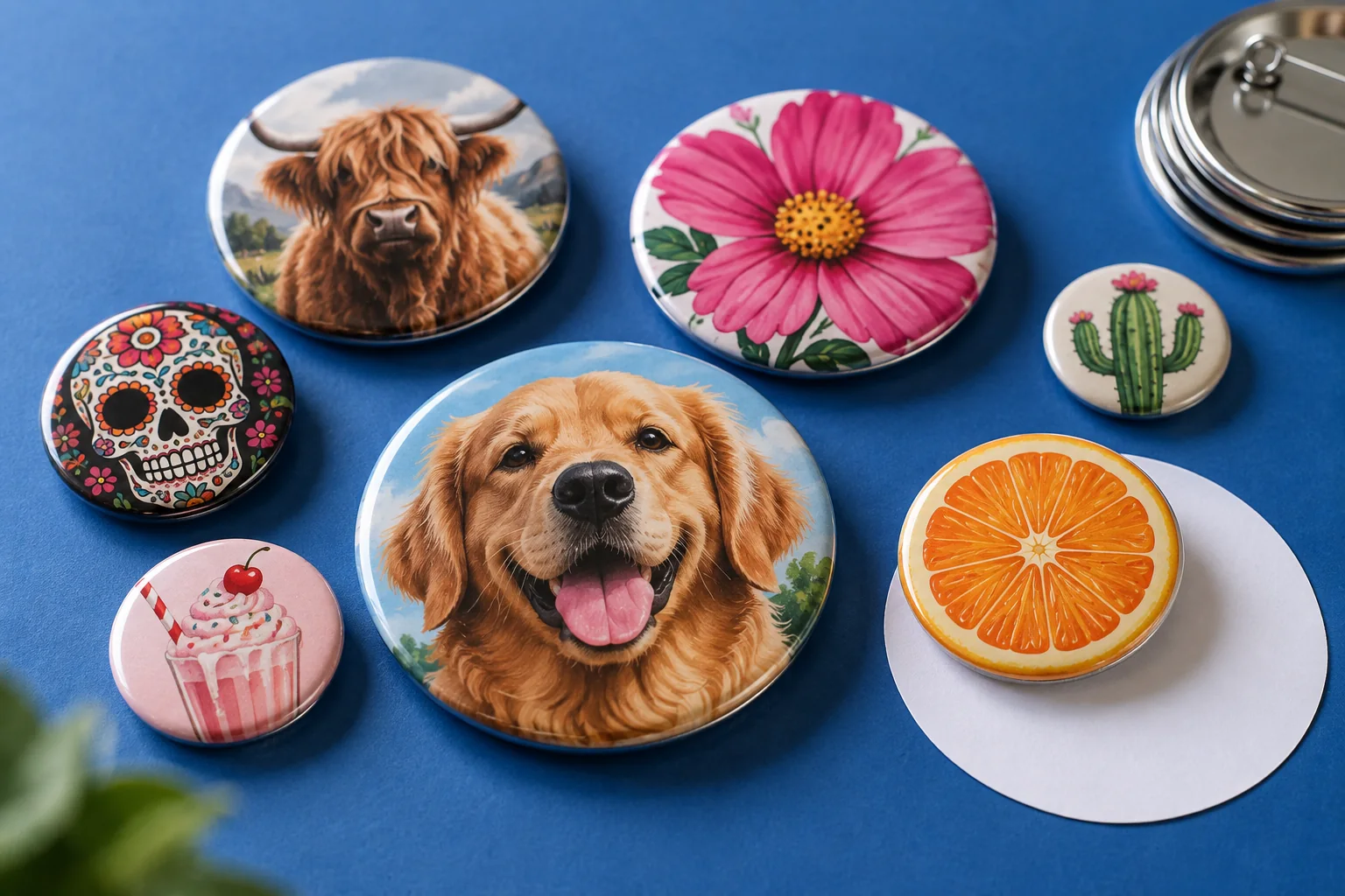 Seven glossy illustrated buttons arranged on a cobalt maker's tabletop